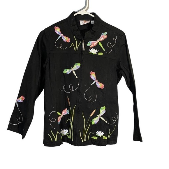 𝅺quacker Factory Dragonfly Embroidered Zip Front Jacket Shacket Size Small - Picture 1 of 6